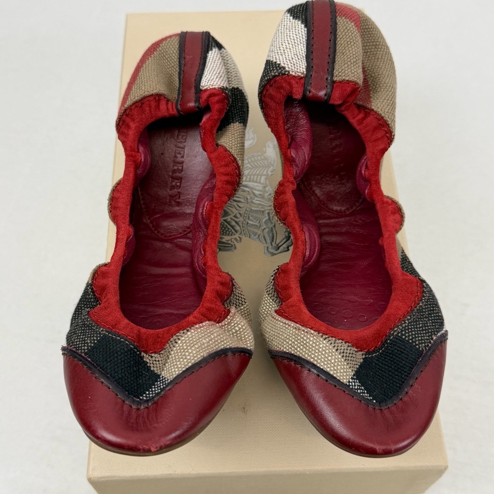 Burberry Canvas Check Truville Round Toe‎ Ballerina Flats Cadmium Red 37 US 7 - Picture 3 of 7